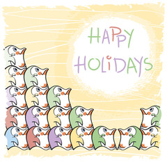 Card design with cute colorful penguins on a yellow background
