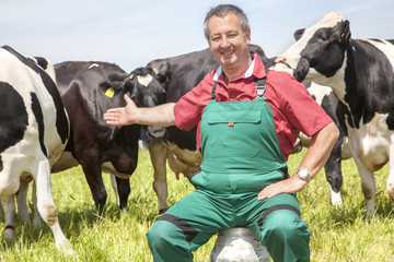 Farmer sitting on the milk jug in front of his cows