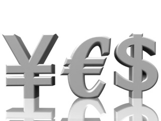 3D currency symbols illustration, dollar, euro, yen