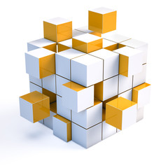 Teamwork business concept - cube assembling from blocks