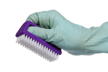 Hand with dish gloves holding a brush