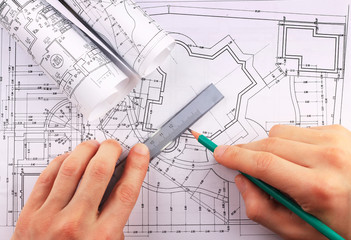 Architectural blueprints rolls of technology project