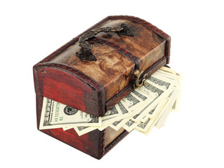 Wooden chest with dollars