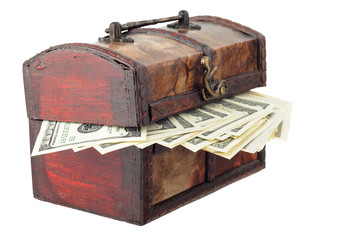 Wooden chest with dollars