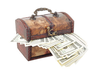 Wooden chest with dollars