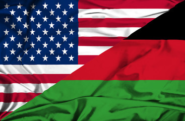 Waving flag of Malawi and USA