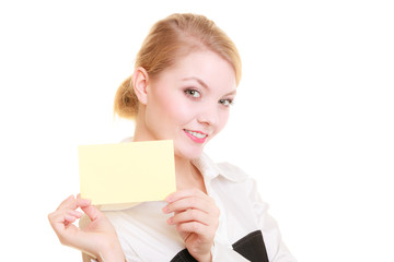 Fototapeta premium Ad. Businesswoman holding blank copy space card