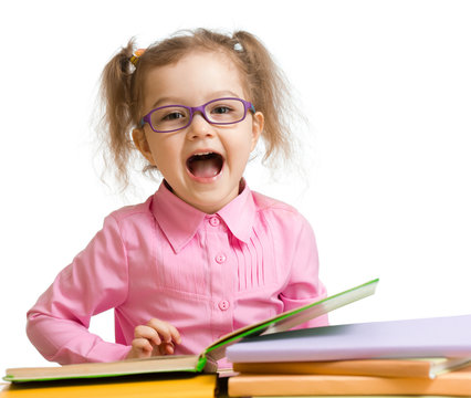 Funny kid girl in glasses with books speaking something isolated