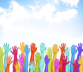 Colorful Arms Raised in the Sky