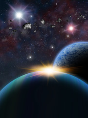 space scene with asteroids over a planet and moon.