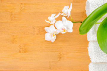 Spa still life with blooming orchid and towel on wood background