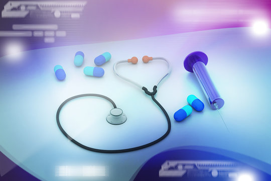 3d rendering stethoscope, syringe and pills