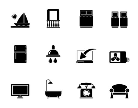 Silhouette Hotel and motel room facilities icons