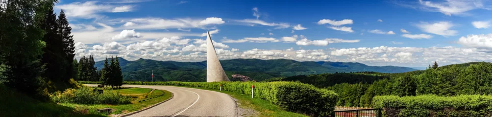 Plexiglas foto achterwand Beautiful road in green fields, natural landscape © 31etc
