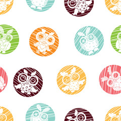 Vector seamless pattern with owls. Polka dot.