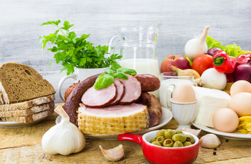 composition variety grocery products meat dairy
