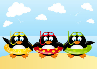 Funny swimming penguins with lifebuoy