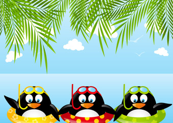 Funny swimming penguins with lifebuoy