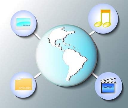 Illustration of world globe with media icons