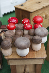 mushrooms in handmade wooden