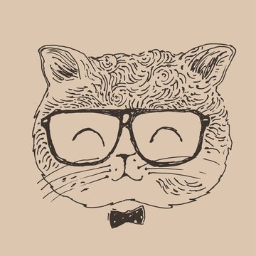 cute in glasses, hipster style, engraved illustration