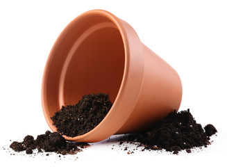 Clay flower pot with soil, isolated on white