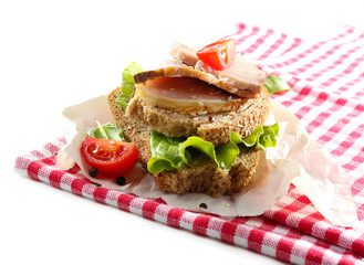 Delicious sandwiches with meet on table close-up