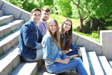 Fototapeta premium Happy students sitting on stairs in park