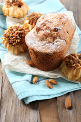 Tasty cakes on table close-up