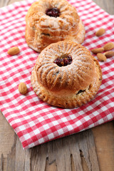 Tasty cakes on table close-up