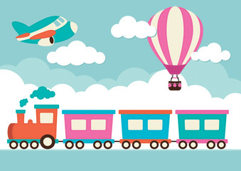Train, Hot Air Balloon and Plane
