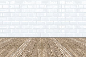 White Ceramic brick tile wall and wooden floor