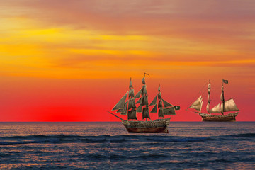 Plakaty  zachód słońca i statek