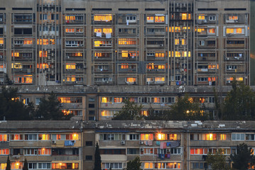 Windows light in old building at night