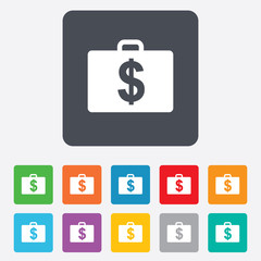 Case with Dollars USD sign. Briefcase button.