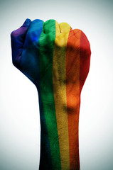 raised fist patterned with the rainbow flag, symbolizing the fig