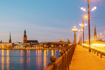 Old Town of Riga (Latvia)  in the evening. Daugava river