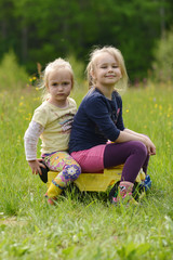 Naklejka na ściany i meble Deux petite fille jounat sur l'herbe dans le parc.