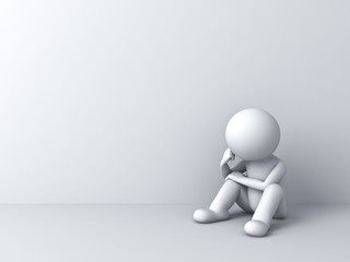 Depressed 3d man sitting over white wall background empty space