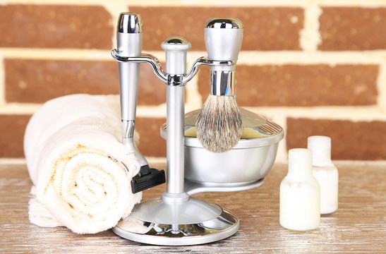 Male Luxury Shaving Kit On Shelf, On Bricks Wall Background