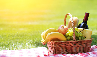 Picnic basket with food on green grass