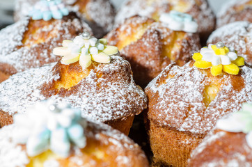 Chocolate cupcakes on a desk in a market