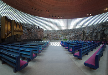 Interior of the Temppeliaukio Church in Helsinki, Finland