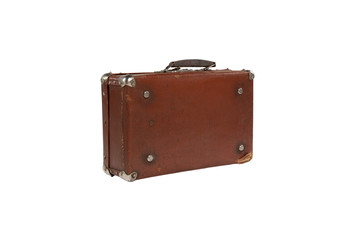old antique suitcase with scuffed isolated on white background