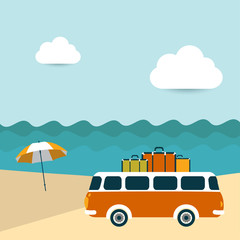 Summer illustrated background. Ocean scenery with retro bus.