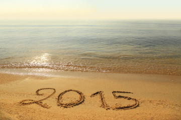 Year 2015 number written on sandy beach