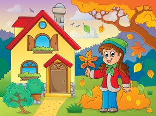 Autumn theme with girl and house