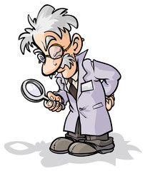 Cartoon scientist with a magnifying glass.