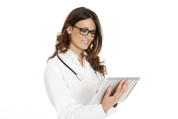 medical doctor woman with stethoscope and tablet