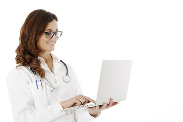 medical doctor woman with stethoscope and laptop pc